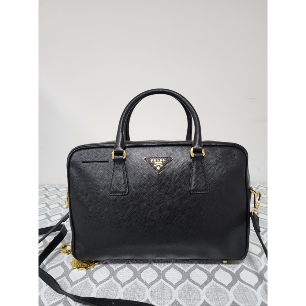 PRADA Saffiano Lux Leather Top Handle Bauletto Bag Black - Picture 9 of 16